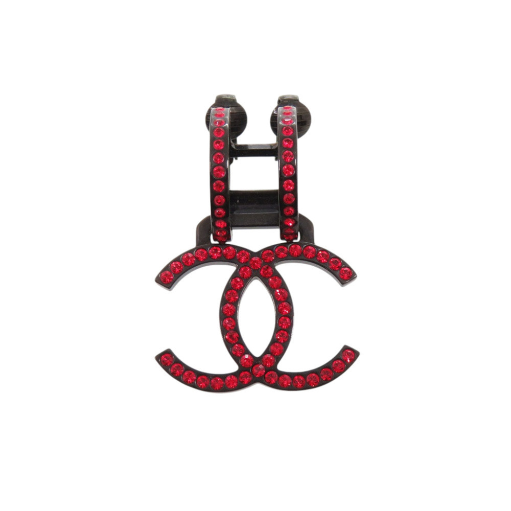 Chanel Coco Mark Hoop Earrings with Rhinestones, Metal, Red and Black, B17S E...